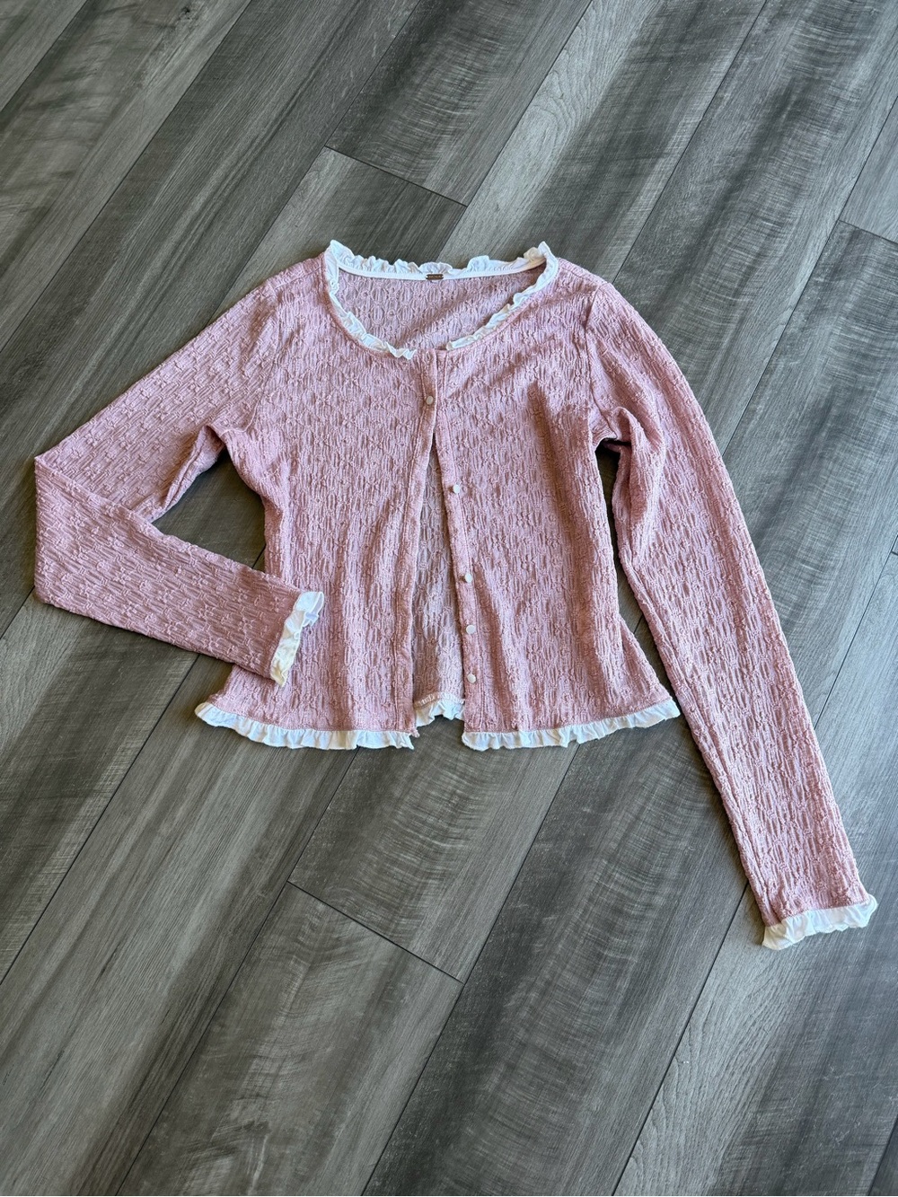 Free People Blackbird Cardi in Pale Mauve Women’s Sz S Ruffle Trim Stretchy